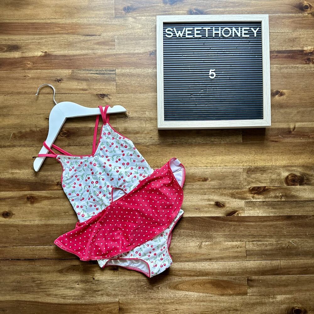 NEW SweetHoney Morgan Skirted One Piece Swimsuit Red White Cherry Polka Dot 5